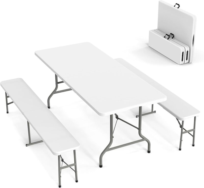 Picnic Table Set with 2 Benches, 6 Feet Camping Table Chair Set,3-Piece Folding Furniture for Indoor or Outdoor Use, Smooth Tabletop, White