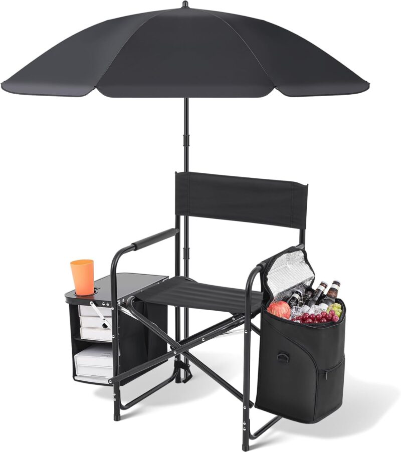 Folding Camping Chair with Side Table, Cooler Pouch and Detachable Parasol Umbrella Portable Foldable Beach Directors Chair for Adults Outdoor Camp Lawn Picnic Fishing Beach BBQ Travel