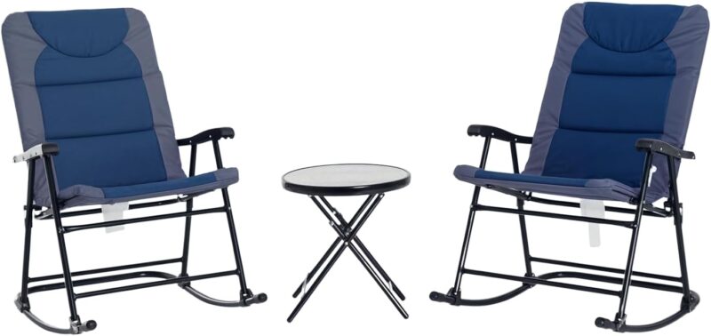 3 Piece Outdoor Patio Furniture Set with Glass Coffee Table & 2 Folding Padded Rocking Chairs, Bistro Style for Porch, Camping, Balcony, Navy Blue