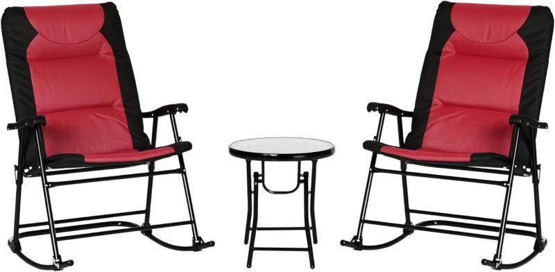 3 Piece Outdoor Patio Furniture Set with Glass Coffee Table & 2 Folding Padded Rocking Chairs, Bistro Style for Porch, Camping, Balcony, Red