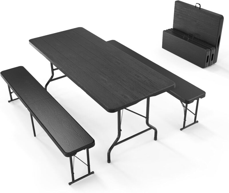 Picnic Table Set with 2 Benches, 6 Feet Camping Table Chair Set, 3-Piece Folding Furniture for Indoor or Outdoor Use, Tree Patterned  Tabletop, Black