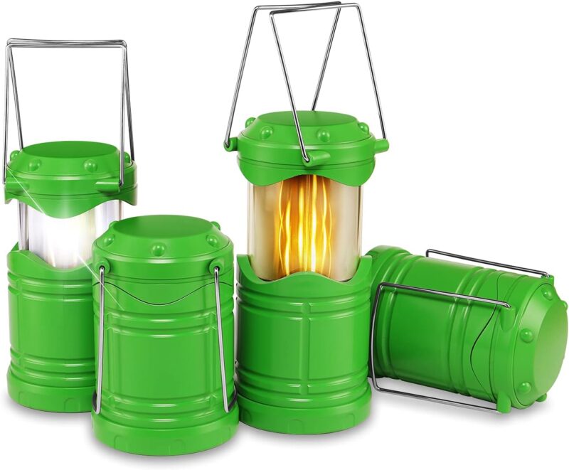 4 Pack LED Camping Lanterns, Collapsible Flameless Candles Tea Lights, Portable Battery Powered Camping Lights Emergency Supplies Kit, Green