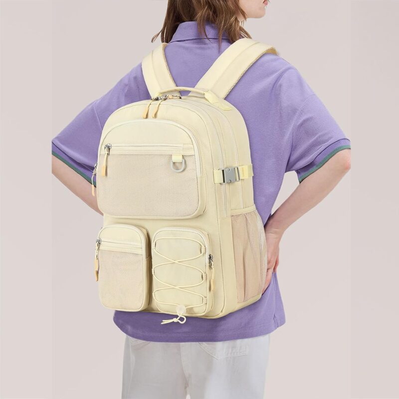 Water Resistant Backpack with Mulitiple Pockets for Travel Outdoor College, 15.6 inch Laptop Bookbag for Girl and Women (Beige) - Image 2