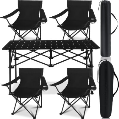 5 Pcs Summer Portable Camping Chair and Folding Camping Table Set Outdoor Oxford Fabric Folding Chair Lawn Portable Camp Table with Cup Holder Carry Bag for Travel Fishing Sport(Black)