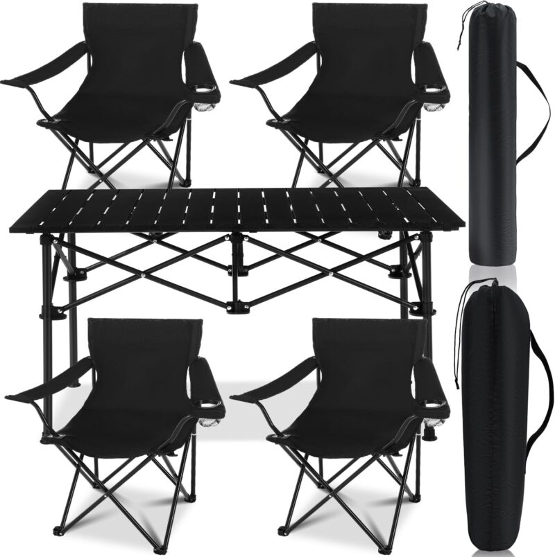 5 Pcs Summer Portable Camping Chair and Folding Camping Table Set Outdoor Oxford Fabric Folding Chair Lawn Portable Camp Table with Cup Holder Carry Bag for Travel Fishing Sport(Black)