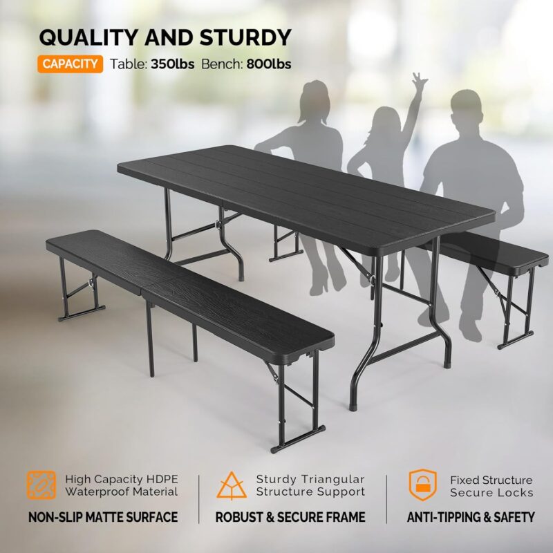 Picnic Table Set with 2 Benches, 6 Feet Camping Table Chair Set, 3-Piece Folding Furniture for Indoor or Outdoor Use, Tree Patterned  Tabletop, Black - Image 2
