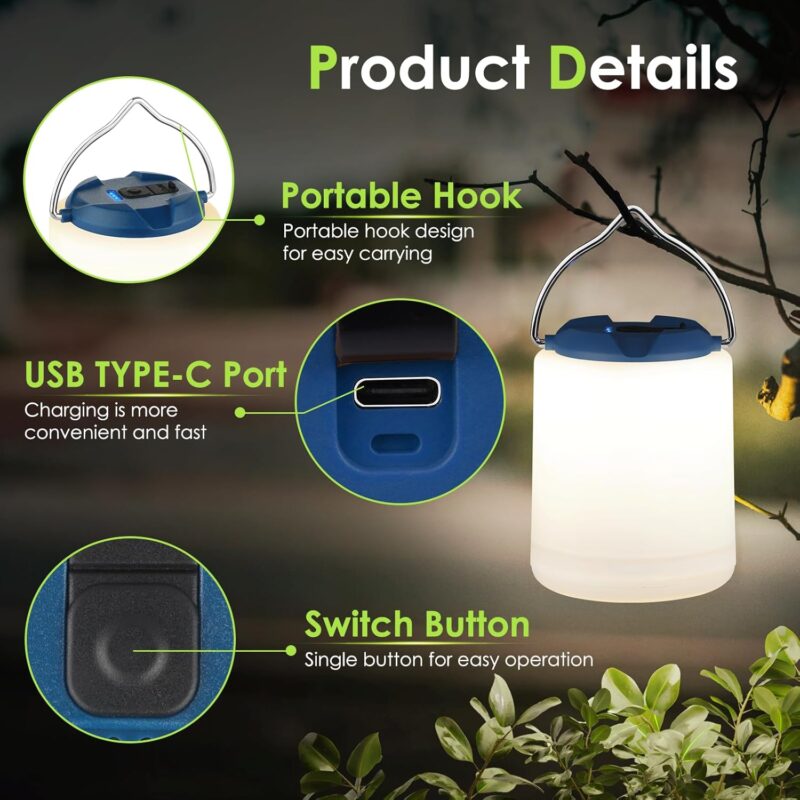 LED Camping Lantern, Rechargeable Camping Light, 4 Modes Outdoor Flashlights Lanterns with 1000LM, Water Resistant Portable Emergency Camp Light for Hurricane Hiking Survival Kits - Blue - Image 2