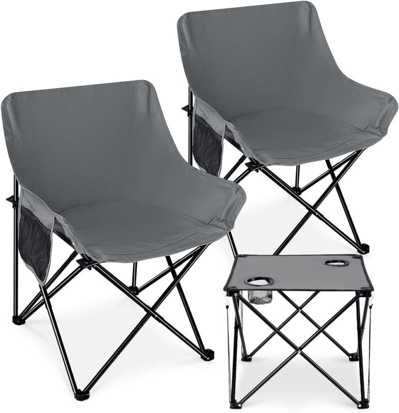 2 Pcs Portable Camping Chairs for Adults, Comfortable & Oversized Lawn Chair & Folding Camping Table for Outdoor Sports, Fishing, Rv Travel, Beach, Picnic – Grey