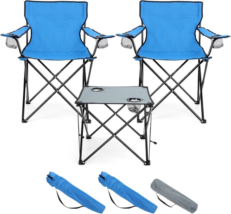Folding Camping Chair Set of 3, Foldable Blue Camp Chairs & Grey Table, Large Lawn Chair Portable for Adults Hiking, Fishing, Picnic, Outdoor BBQ, Travel, Sports, Cup Holders & Storage Bags