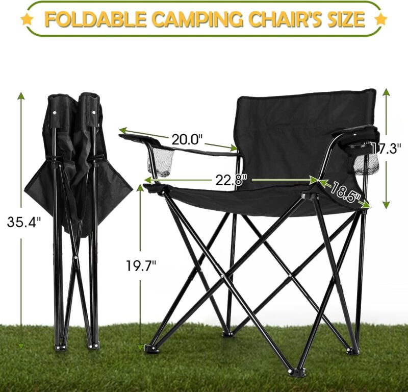 Folding Camping Chair Set of 3, Foldable Black Camp Chairs & Grey Table, Large Lawn Chair Portable for Adults Hiking, Fishing, Picnic, Outdoor BBQ, Travel, Sports, Cup Holders & Storage Bags - Image 2