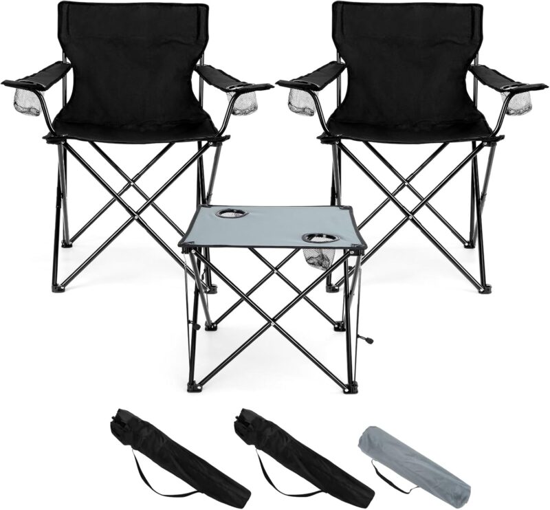 Folding Camping Chair Set of 3, Foldable Black Camp Chairs & Grey Table, Large Lawn Chair Portable for Adults Hiking, Fishing, Picnic, Outdoor BBQ, Travel, Sports, Cup Holders & Storage Bags