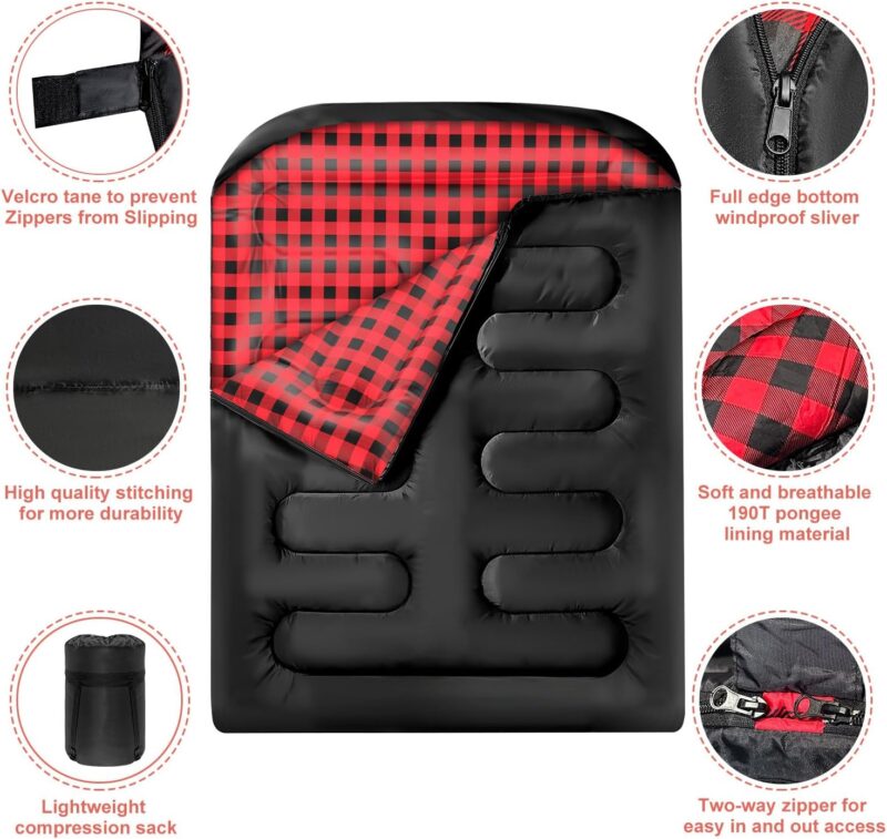 Double Sleeping Bags for Adults, Queen Size 2 Person All Season for Warm & Cold Weather | Fits Kids 10-12 (Girls & Boys) - Lightweight & Waterproof Camping Essentials for Hiking, Backpacking - Image 2