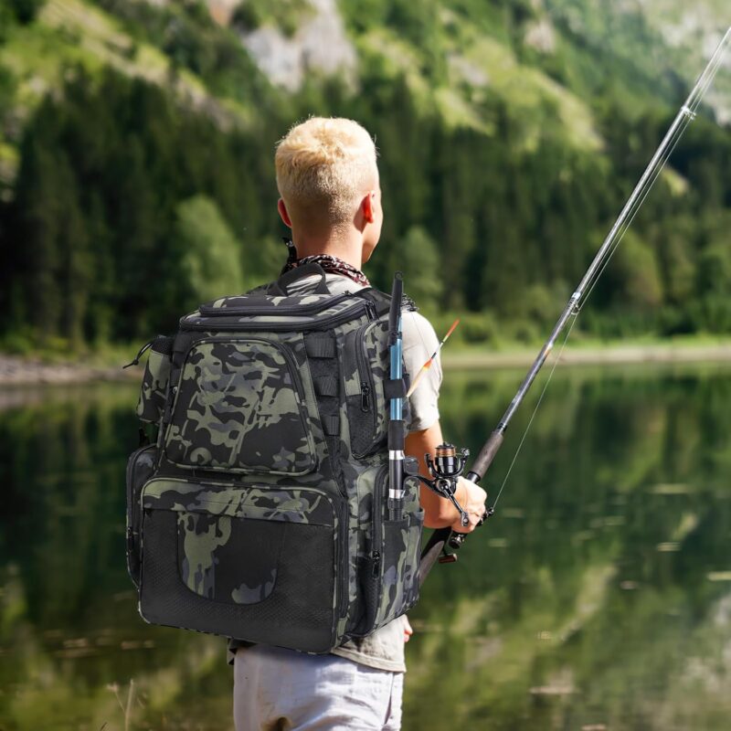 38L Fishing Tackle Backpack with 2 Rod Holder Waterproof Large Storage Outdoor Tackle Bag Fishing Rucksack Bag for 4 Trays, Tackle Storage Backpack for Camping Hiking Traveling Cycling - Image 2