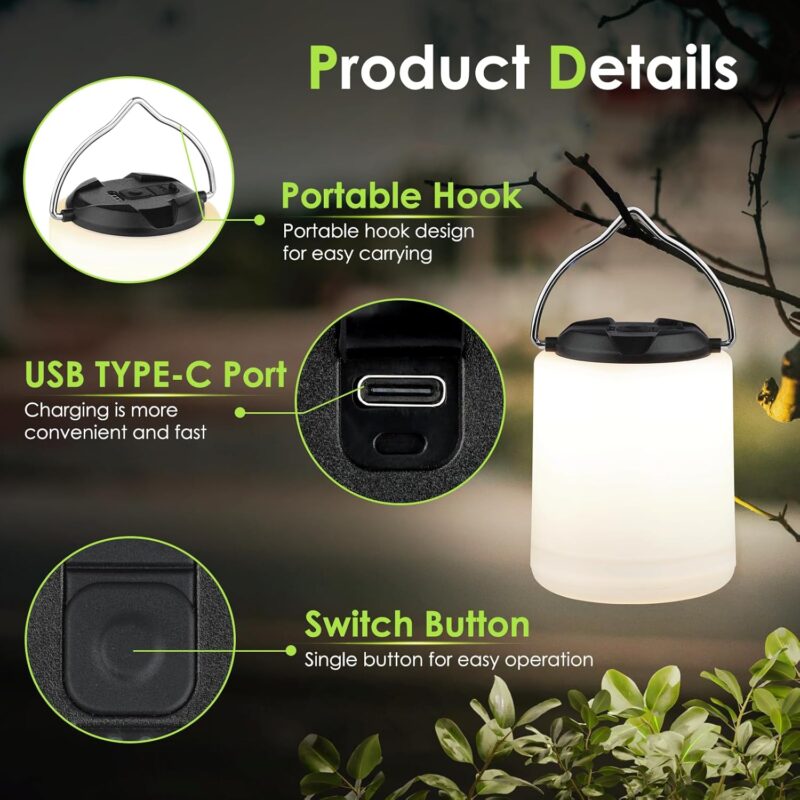 LED Camping Lantern, Rechargeable Camping Light, 4 Modes Outdoor Flashlights Lanterns with 1000LM, Water Resistant Portable Emergency Camp Light for Hurricane Hiking Survival Kits - Black - Image 2