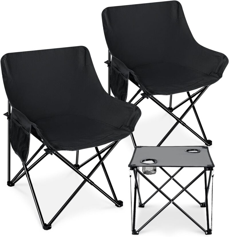 2 Pcs Portable Camping Chairs for Adults, Comfortable & Oversized Lawn Chair & Folding Camping Table for Outdoor Sports, Fishing, Rv Travel, Beach, Picnic – Black
