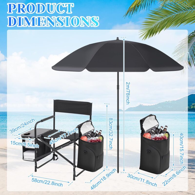 Folding Camping Chair with Side Table, Cooler Pouch and Detachable Parasol Umbrella Portable Foldable Beach Directors Chair for Adults Outdoor Camp Lawn Picnic Fishing Beach BBQ Travel - Image 2