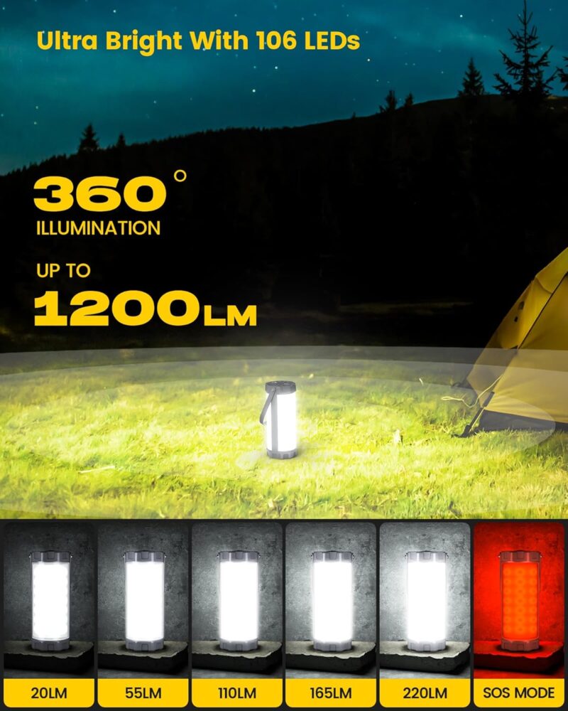 106 LED Camping Lantern Rechargeable, Up to 80Hrs, 5000mAh Lantern with 5 Brightness 3 Modes & SOS, IP68 Waterproof, Max 1200LM, Camping Light for Power Outages Hiking Emergency Hurricane - Image 2