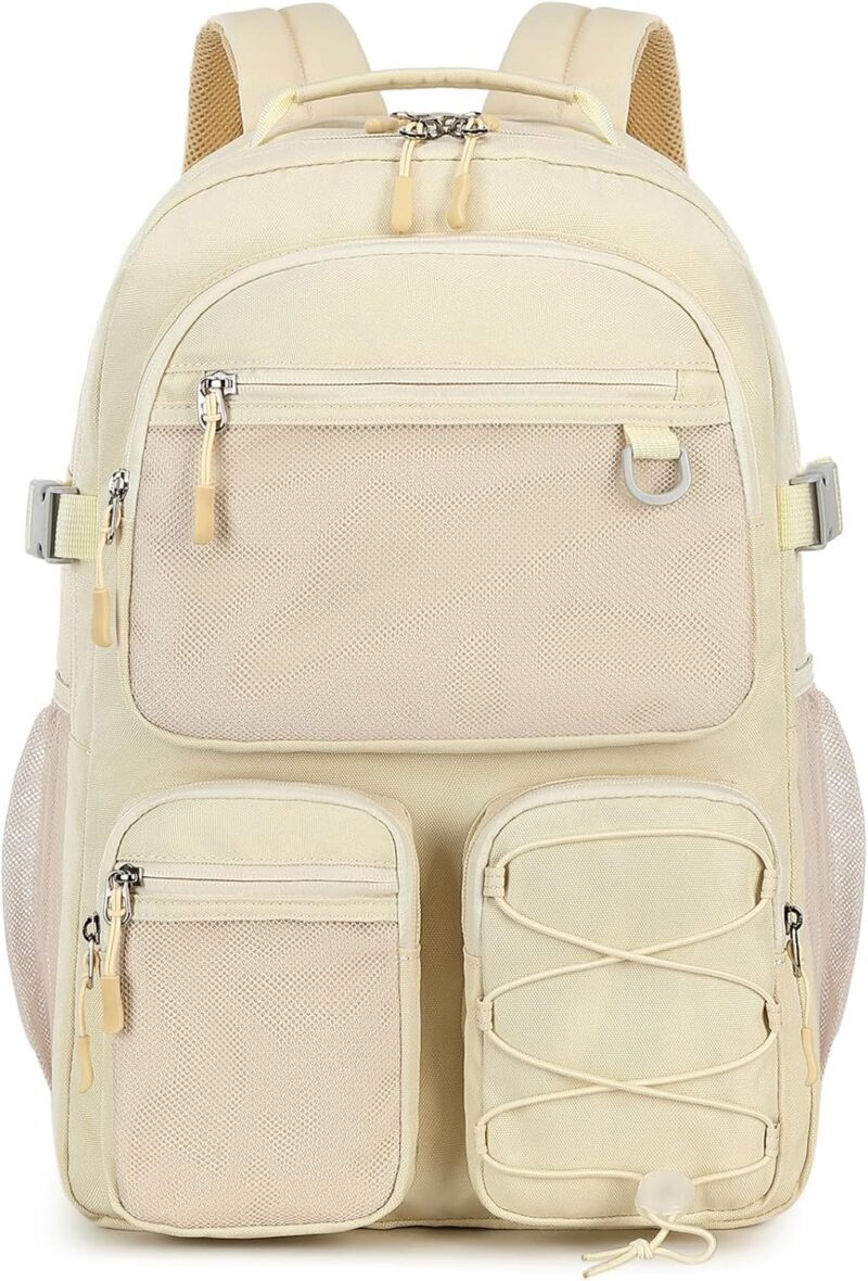 Water Resistant Backpack with Mulitiple Pockets for Travel Outdoor College, 15.6 inch Laptop Bookbag for Girl and Women (Beige)
