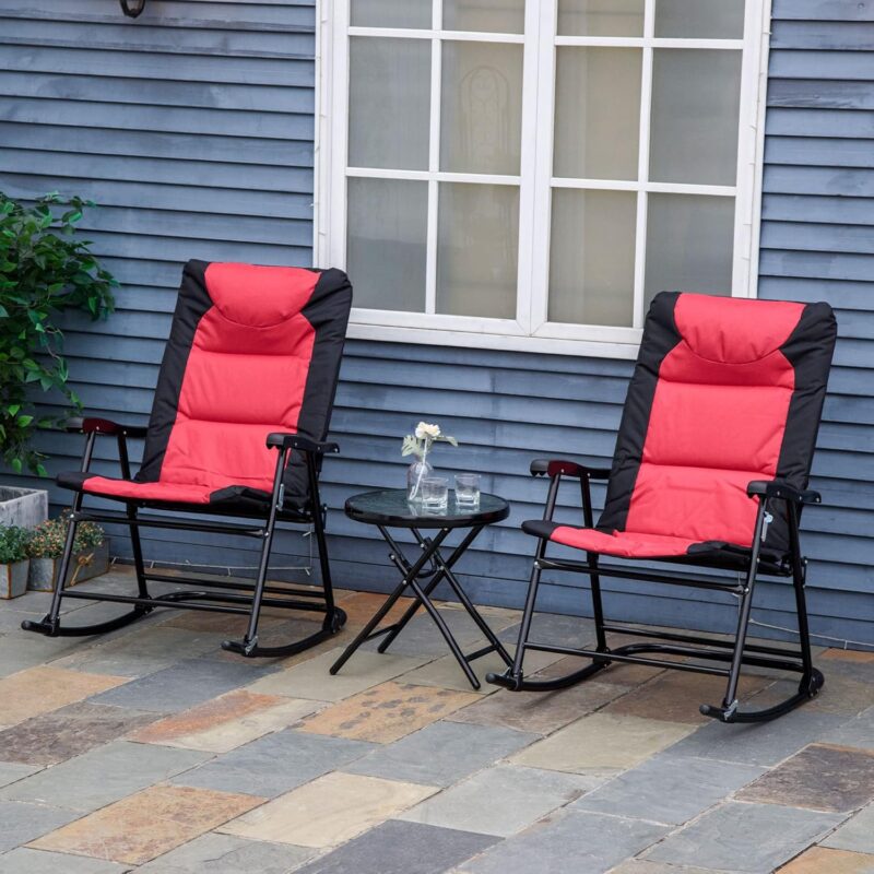 3 Piece Outdoor Patio Furniture Set with Glass Coffee Table & 2 Folding Padded Rocking Chairs, Bistro Style for Porch, Camping, Balcony, Red - Image 2