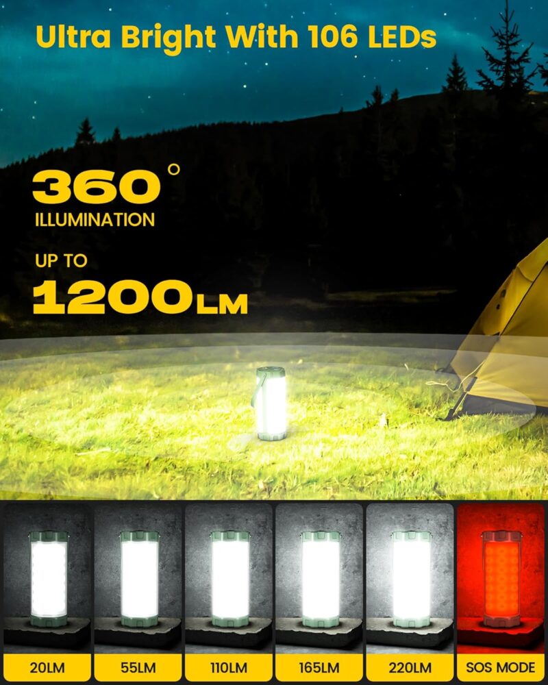 106 LED Camping Lantern Rechargeable, Up to 80Hrs, 5000mAh Lantern with 5 Brightness 3 Modes & SOS, IP68 Waterproof, Max 1200LM, Camping Light for Power Outages Hiking Emergency Hurricane - Image 2