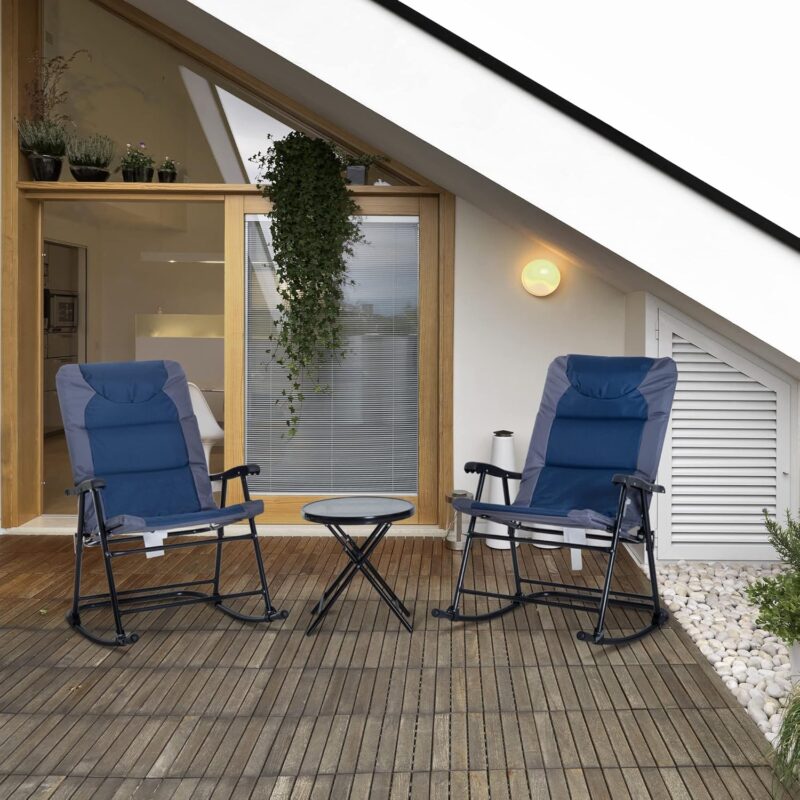 3 Piece Outdoor Patio Furniture Set with Glass Coffee Table & 2 Folding Padded Rocking Chairs, Bistro Style for Porch, Camping, Balcony, Navy Blue - Image 2
