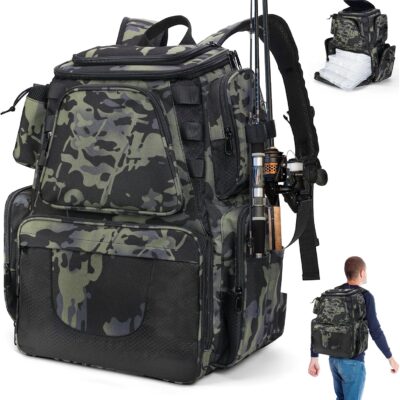 38L Fishing Tackle Backpack with 2 Rod Holder Waterproof Large Storage Outdoor Tackle Bag Fishing Rucksack Bag for 4 Trays, Tackle Storage Backpack for Camping Hiking Traveling Cycling