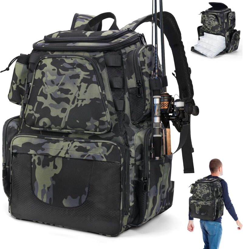 38L Fishing Tackle Backpack with 2 Rod Holder Waterproof Large Storage Outdoor Tackle Bag Fishing Rucksack Bag for 4 Trays, Tackle Storage Backpack for Camping Hiking Traveling Cycling